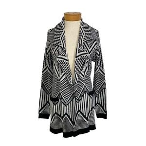 New Directions S Black White Geometric Print Open Cardigan Pockets Women’s Cozy